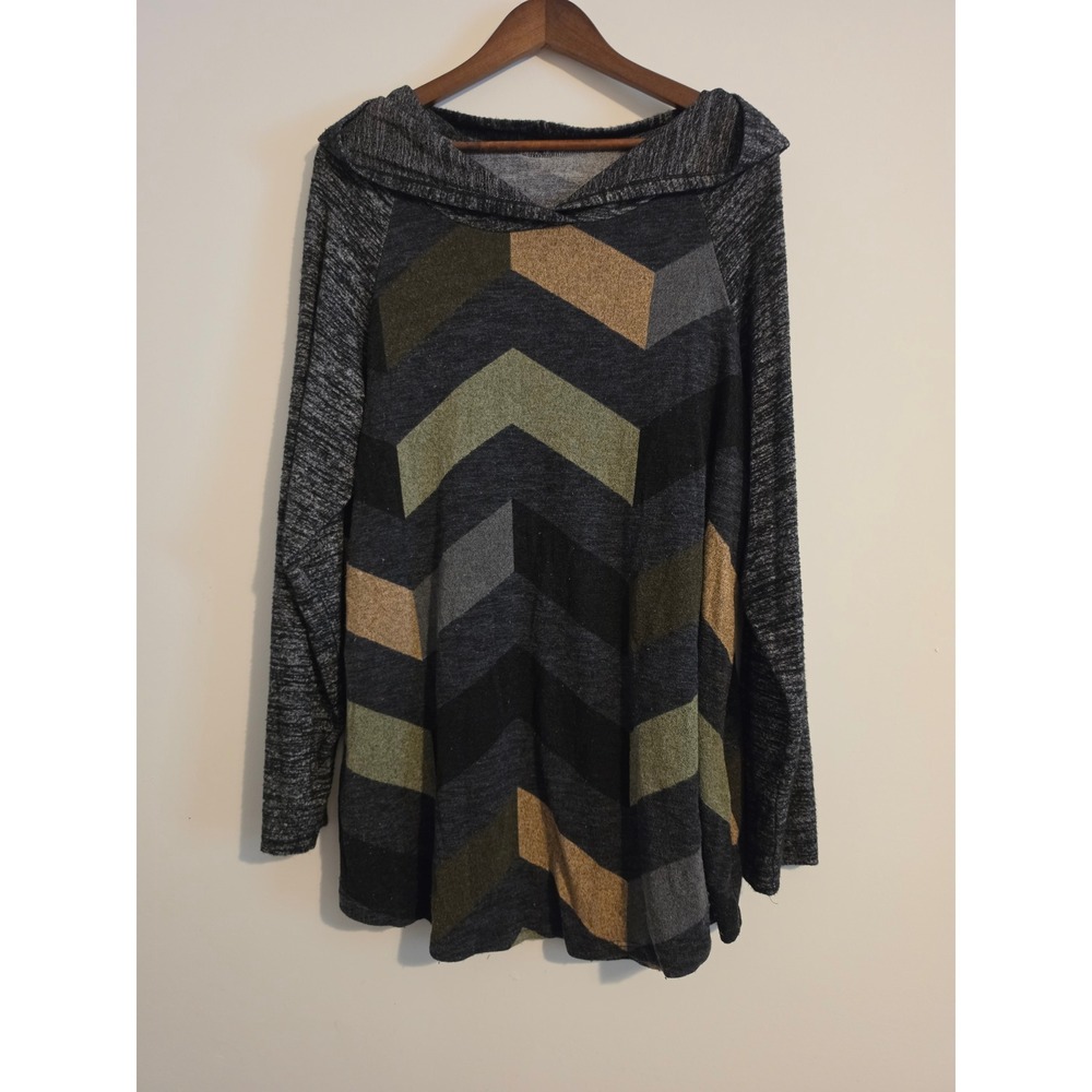 Egs Hoodie Tunic Women 3XL Gray Chevron Knit Spandex Boho Casual Comfort Top